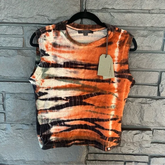 All Saints Vibrant Velvet Orange and Deep Purple Tie-Dye Muscle Tee - Picture 1 of 6